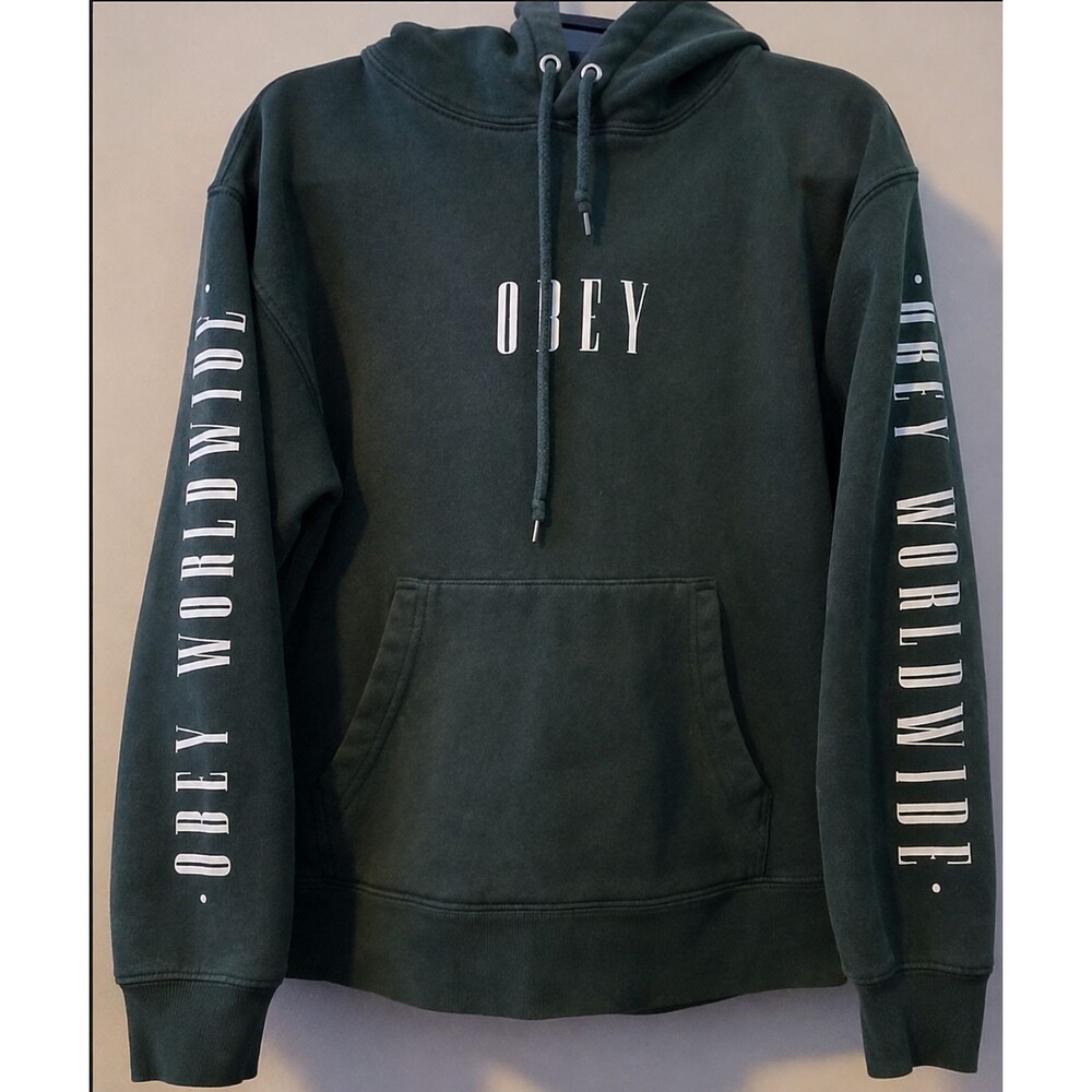 Obey Worldwide Hoodie Mens S Faded Green Spellout Sleeve Logo Streetwear